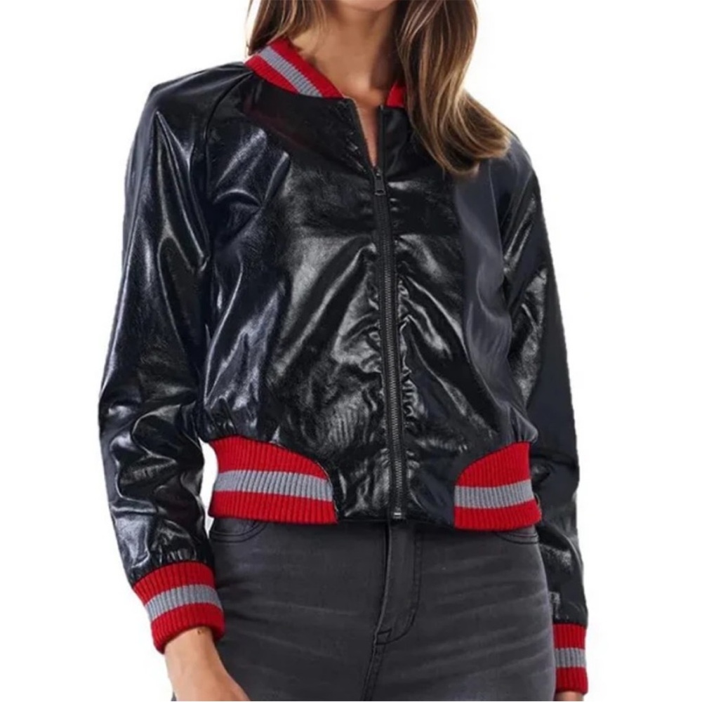 faux leather jacket 
Glossy Black Bomber Jacket with Red and Gray Trim